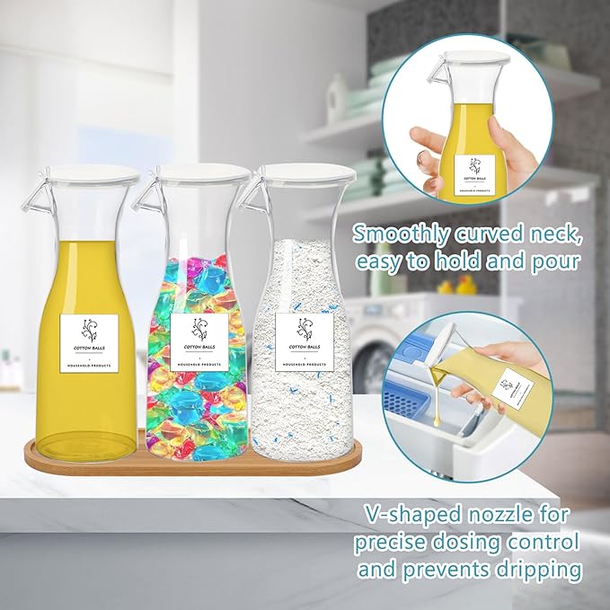 Liquid Laundry Detergent Dispenser with Tray, 20oz Laundry Soap Dispenser, Plastic Refillable Laundry Detergent Container Organizer for Laundry Room Organization with 16 Waterproof Labels, 3 Pack