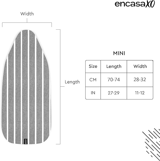 Encasa XO Ironing Board Cover and Pad 28"x12" - 4mm Felt Mini Iron Board Cover with Padding, Stain-Safe Dye, Non Slip, Elastic Bungee Cord Tightening, Heat Resistant Roma Grey Stripes