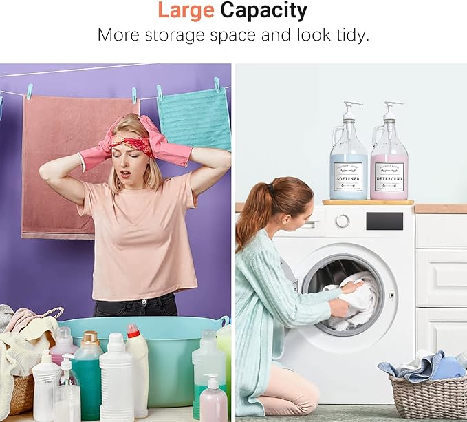 Glass Laundry Detergent Dispenser, Liquid Laundry Soap Dispenser for Laundry Room, 64oz Detergent Bleach Softener Dispenser for Farmhouse Decor, Includes Pumps, Funnel, Labels and Bamboo Tray