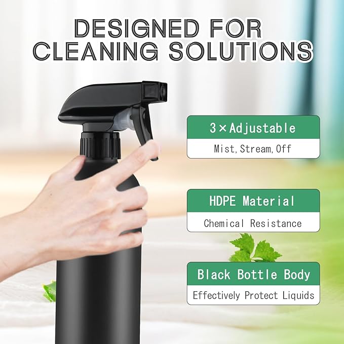 500ml/16 Oz Plastic Spray Bottles,Empty Heavy Duty Adjustable Fine Mist and Stream Container for Home Garden Plant,Essential Oils,Hair,Household Cleaning Solutions-Black,6 Pack