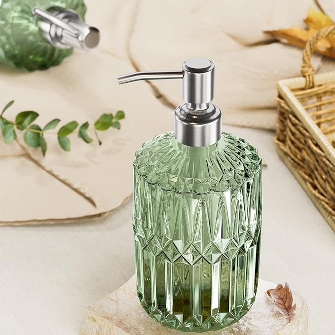 AmazerBath Soap Dispenser, Green Glass Soap Dispenser with Pump Stainless Steel, 14.2OZ Refillable Hand Bottles Bathroom Kitchen, 1 Pack