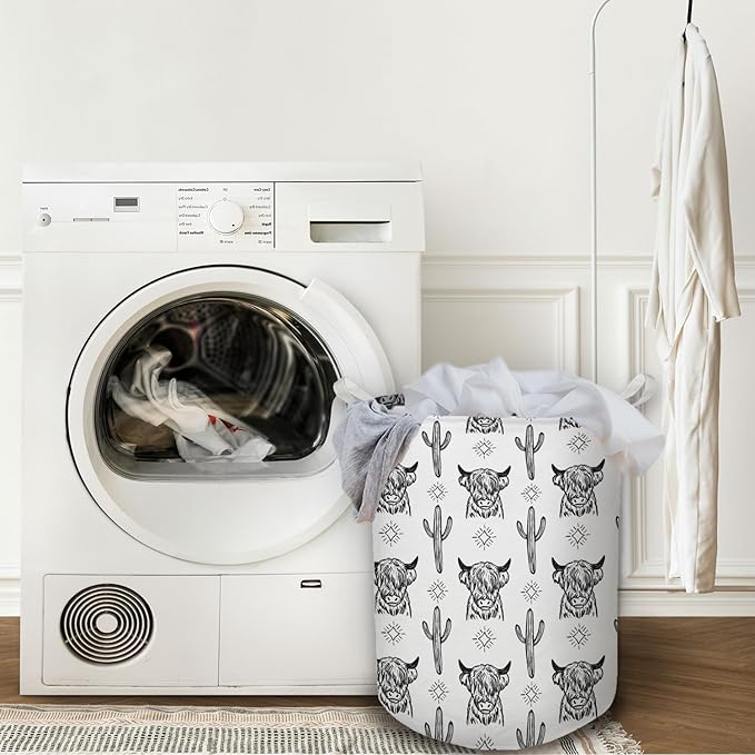 Western Laundry Basket, Retro Highland Cow Cactus Collapsible Laundry Hamper - Waterproof, Dirty Clothes Storage Bin - Perfect for Bathroom, Bedroom, Home Decor
