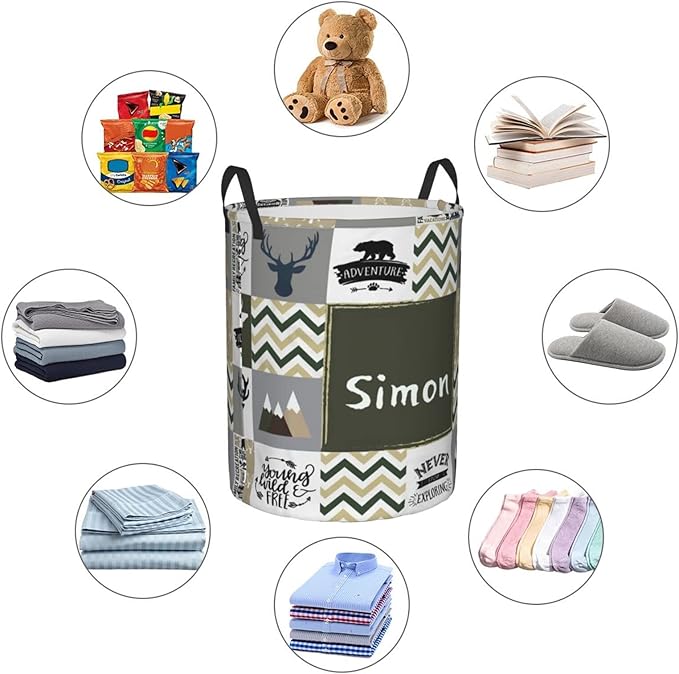 Green Deer Personalized Laundry Hamper Custom with Name Collapsible Waterproof Storage Basket with Handles for Bedroom Clothes Toys.