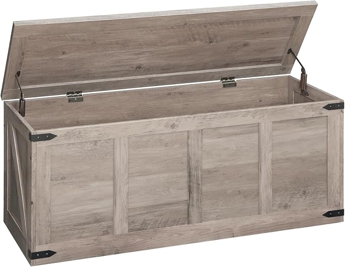 HOOBRO Storage Bench, 47.2”Toy Box Organizer with Safety Hinges, Farmhouse Wooden Storage Chest, for Hallway, Bedroom, Living Room, Greige BG520CW01