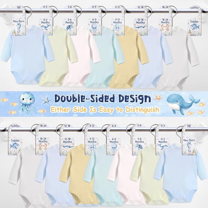Baby Closet Dividers 8PCS, Under The Sea/Ocean Animal Theme Wooden Double-Sided Clothes Size Hanger Organizer from Newborn to Toddler for Nursery Decor Baby Shower Birthday Gift