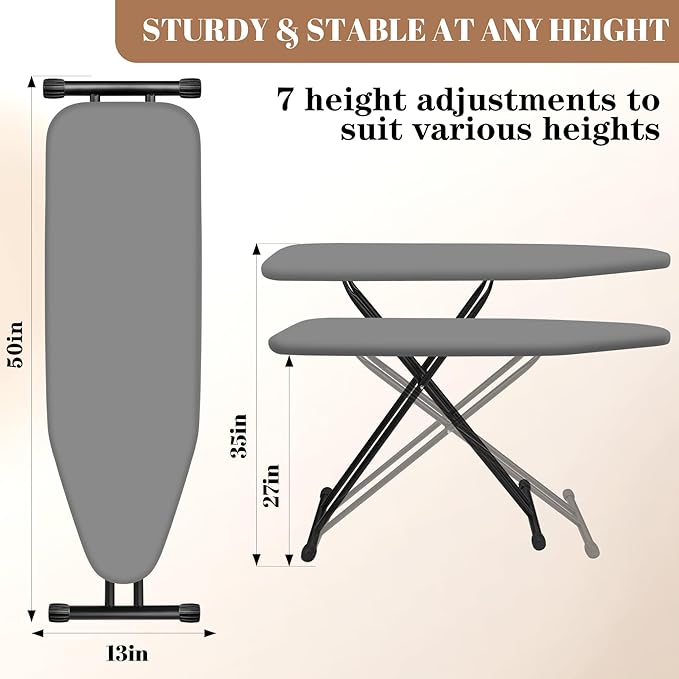 Ironing Board, Compact and Space Saver,Size 13 x 43, Metal Construction Ironing Boards with Extra Thick Heavy Duty Padded, Stable Structure,Skid Feet, Premium Iron Board (Grey)