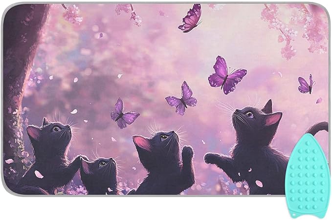 Ironing Mat &Pad Magnetic Heat Resistant Pads Portable Travel Ironing Blanket Ironing Board Covers 27.6x47.2Inches Purple Cat and Butterfly28