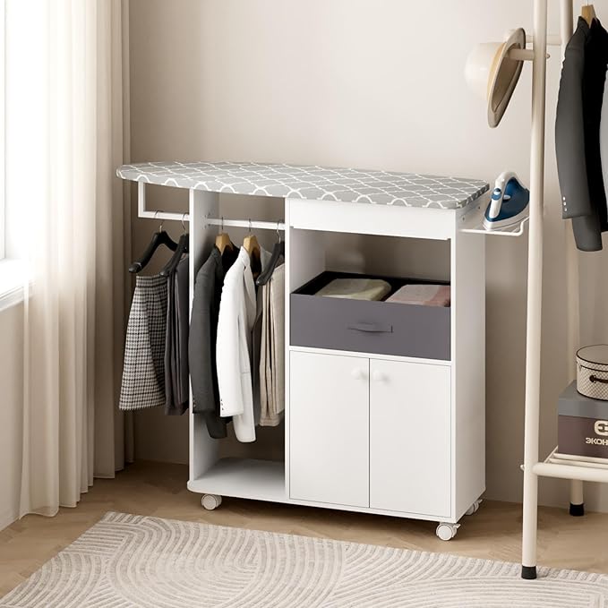 Rolling Ironing Board with Storage Cabinet, Wooden Ironing Board Cabinet with Drawer, Compact Space-Saving Ironing Table with Iron Rest Rack for Laundry Room, Living Room (One Size, Curvilinear)