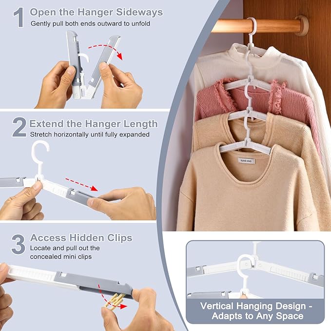 Foldable Travel Hangers for Cruise, 6 Pack Portable Collapsible Hanger with Clips, Folding & Space-Saving Suitcase Hangers for Travel, Grey-White (Grey-White)