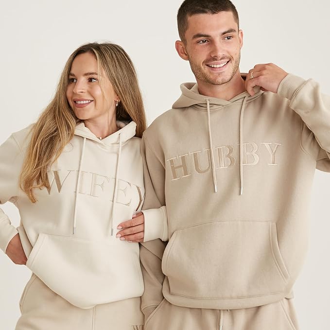 Six Stories | Hubby Embroidered Hoodie in Stone Beige | Soft & Cozy Fleece Pullover Loungewear Sweater