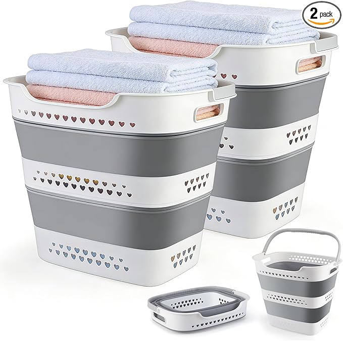 Collapsible Laundry Baskets Foldable Pop Up Laundry Hamper Plastic with Comfort Handles Folding Laundry Basket Space Saving Portable Dirty Clothes Hamper Storage Container/Organizer (Grey, 2 Packs)