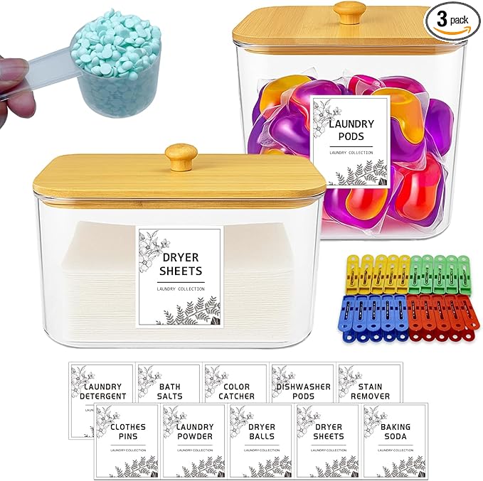 1+1 Laundry Pods Container and Dryer Sheet Holder Set, Clear Laundry Room Organization Containers with Bamboo Lids, Scoops, 10 Labels & 20 Clothespins, Laundry Containers for Pods and Powder