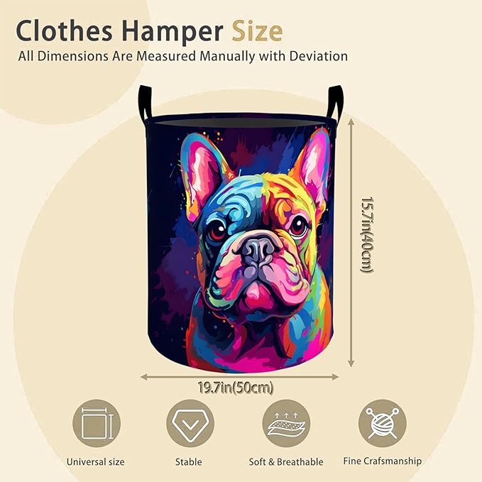 Colorful French Bulldog Laundry Basket Hamper for Boys Girls Kids Adults, Foldable Waterproof Oxford Clothes Storage Bin, Pop Art Dog Organizer for Bedroom Bathroom Room Decor 19.7"x15.8"