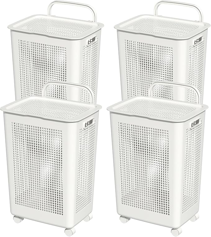 4 Packs 65 Liters Laundry Hamper Baskets with Lids and Wheels, Large Plastic Clothes Baskets