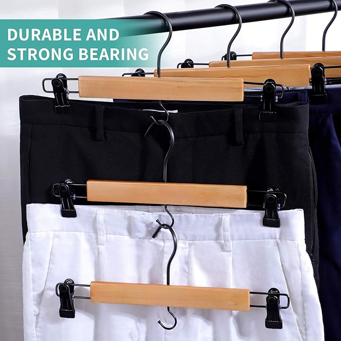 Premium Wooden Pants Hangers 10 Pack, Skirt Hangers with Two Sure Grip Clips, Noise Canceling Swivel Hook (Clear Natural)