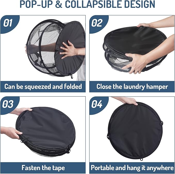 Seiritex Mesh Popup Laundry Hamper 115L Foldable Laundry Basket Extra Large Capacity Collapsible Clothing Storage Basket with Handles 26 H x 18 W x 18 L (Black)