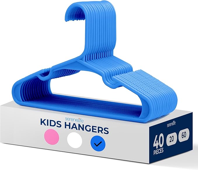 SereneLife 40 Pack Plastic Kids Hangers – Non-Slip & Space-Saving for Infant, Toddler & Newborn Clothing, Durable Baby Hangers for Closets, Organizing Clothes (Blue)