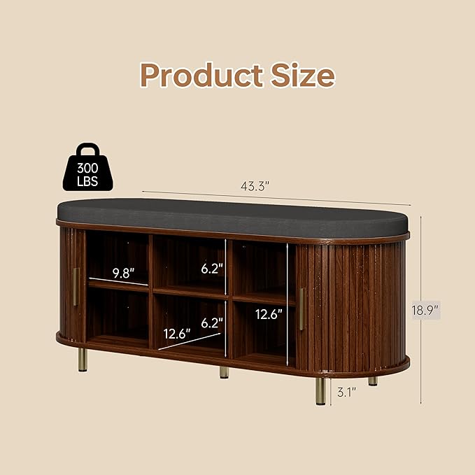 DHH 2-Tier Storage Bench, 43.3" Wide Shoe Bench with Thickened Padded Seat Cushion, Mid Century Modern Fluted Sliding Door and Adjustable Shelf, for Entryway, Living Room, Bedroom(Walnut)