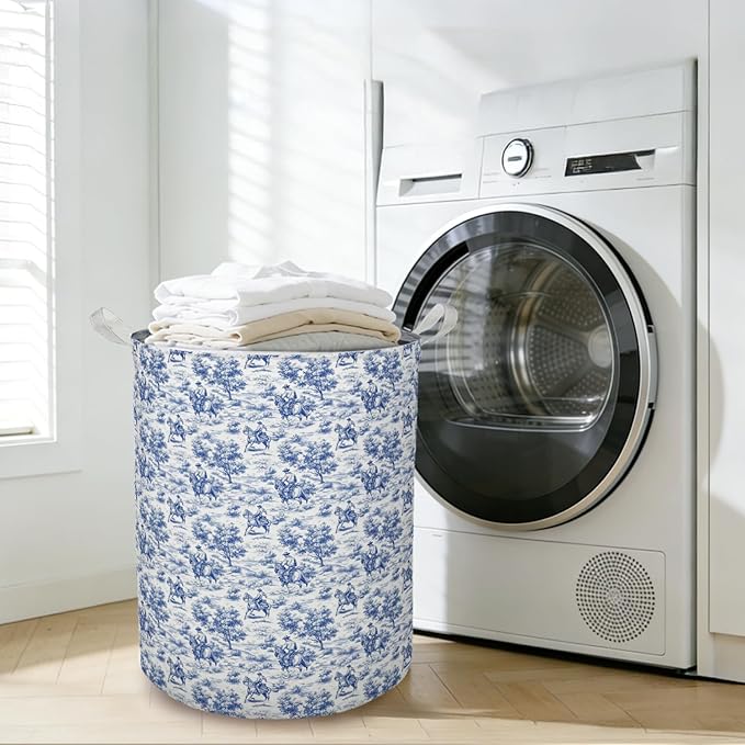 Chinoiserie Western Cowboy Laundry Basket Hamper, Blue and White Toile Rodeo Cowboy Western Foldable Clothes Toys Books Storage Box Bins Baskets Organizer for Bedroom Bathroom Home