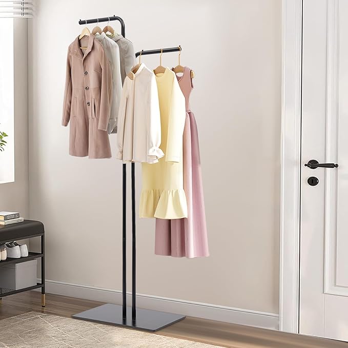 67in-Black Clothing Rack with Base, Double Rod Freestanding Coat Rack Hanging Clothes, Bags, Hat and Shoes for Entryway Bedroom Garment Organizer, Clothing Stores Boutique Retail, Studio