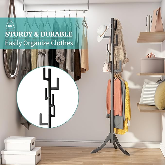 Black Coat Rack Freestanding, Bamboo Cactus Coat Tree, Adjustable Height Wooden Coat Stand with 6 Hooks, kids coat rack, Used In The Bedroom Living Room, Office To Hang Clothes, Hats, Bags