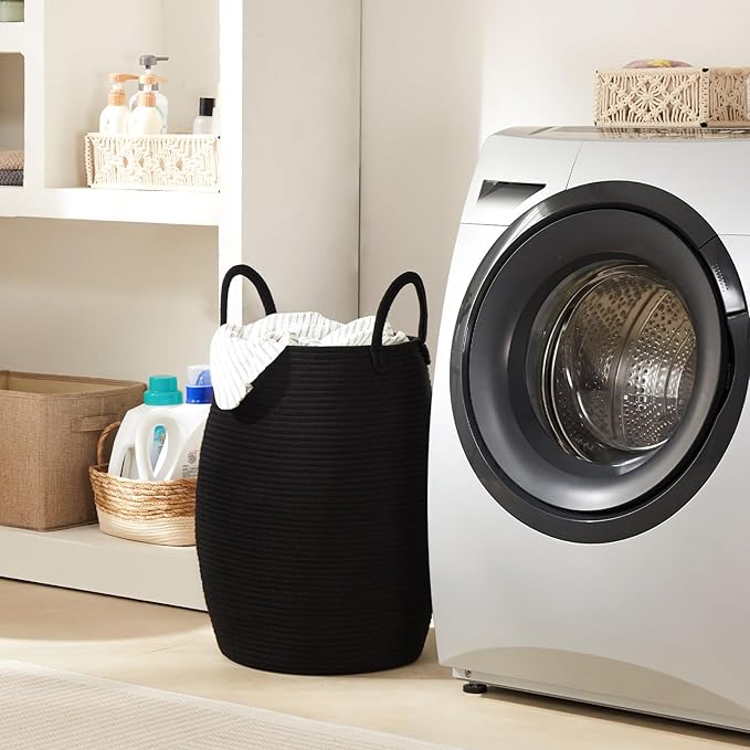 Cotton Rope Laundry Hamper Basket, 65L Woven Large Laundry Basket, Tall Dirty Clothes Hamper for Storage Blankets, Toys in Bedroom, Living Room Organizing-Collapsible-Black