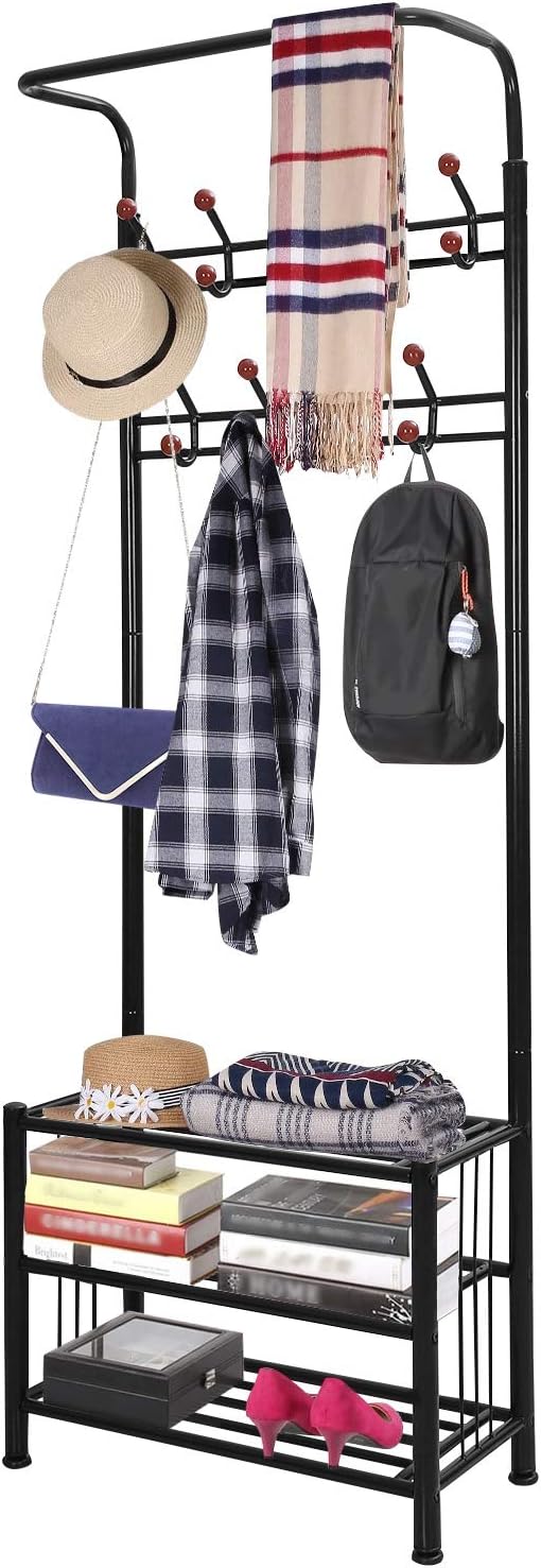 Moclever Coat Rack Shoe Bench, Hall Tree with Storage Shelf for Entryway, Industrial Coat Shoe Racks with Organization, 3-in-1 Design, Easy Assembly