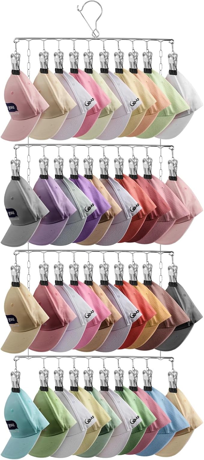 Hat Racks for Baseball Caps, 40 Hooks, Space Saving Hat Organizer for Baseball Caps, Metal Baseball Cap Organizer, Silver