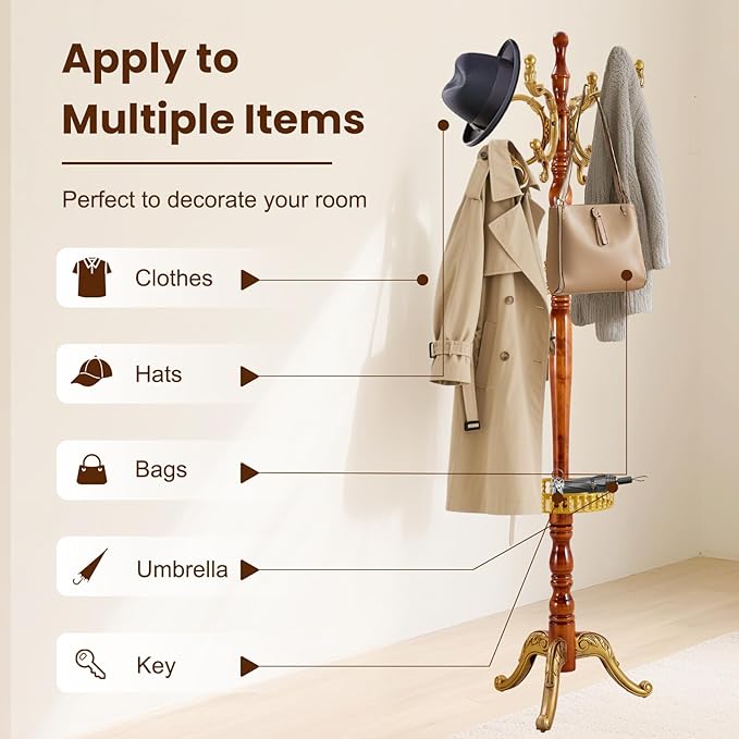 Freestanding Vintage Coat Rack with 11 Hooks, Sturdy Wooden Hall Tree for Entryway, Heavy-Duty Tri-Legged Base for Hats, Jackets, Bags, Easy Assembly for Bedroom, Hallway