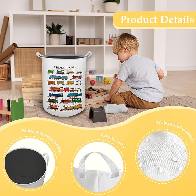 Steam Train Kids Laundry Basket, Toybox for Boys Room, Train Lover Enthusiast Gifts Laundry Basket Hamper Waterproof Collapsible Clothes Toys Storage Bin Organizer for Bedroom Bathroom Kids Room