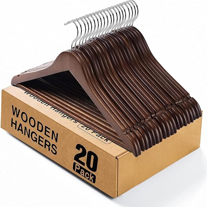 Wooden Hangers Premium Natural Bamboo Wood Hanger Well Polished Ergonomic Design & Sharply Cut Notches with Swivel Hook (Brown, Pack of 20)
