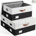 PRANDOM Storage Bins with Lids [3-Pack] Linen Fabric Foldable Storage Boxes Organizer Containers Baskets Cube with Cover for Bedroom Closet Office Grey&Black (23.4X15.9X11.4)