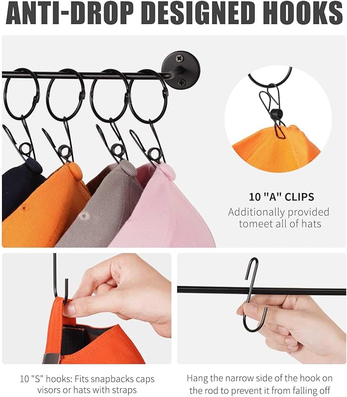 Livelab Hat Rack for Wall, Hat Organizer for Baseball Caps with 10 Hooks+10 Clips, 2 Pack Modern Metal Hat Storage Wall-Mounted Hanger Holder for Closet Door Bedroom Entryroom