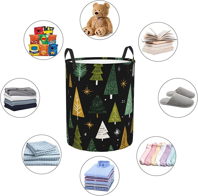 Christmas Tree Pattern Laundry Hamper, Collapsible Storage Basket with Handles for Clothes, Bedroom, Bathroom 19.6 x15.7 Inch