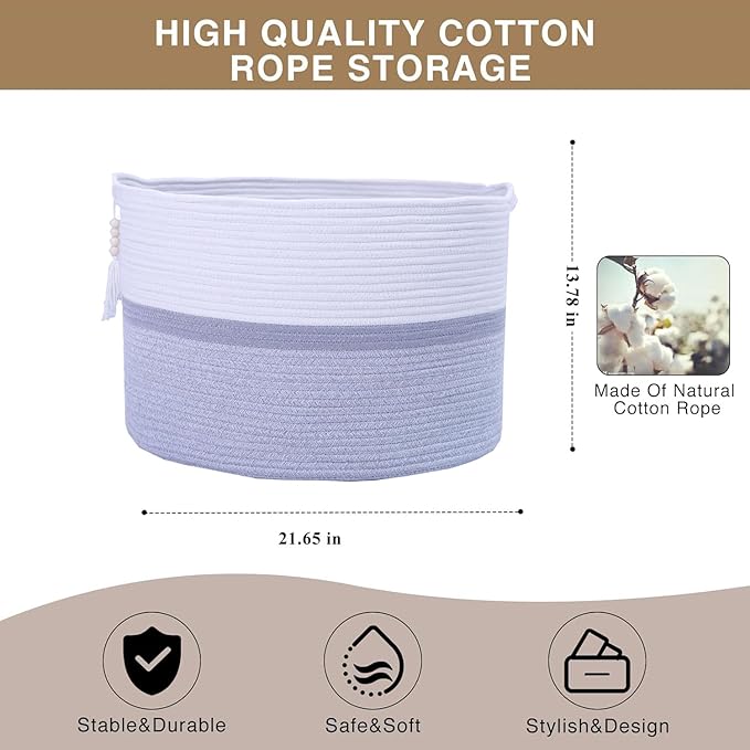 Cotton Rope Storage Bin,Natural Handmade Woven Hamper for Living Room,Blanket Basket for Clothes, Pillows, Towels (gary, 100L)