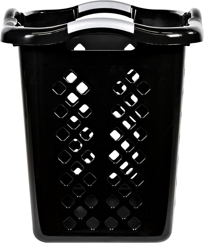 2-Pack 2 Bushel Plastic Laundry Basket with Silver Handles, Space-Saving Dirty Clothes Organizer for Home Apartment Dorm (Black)