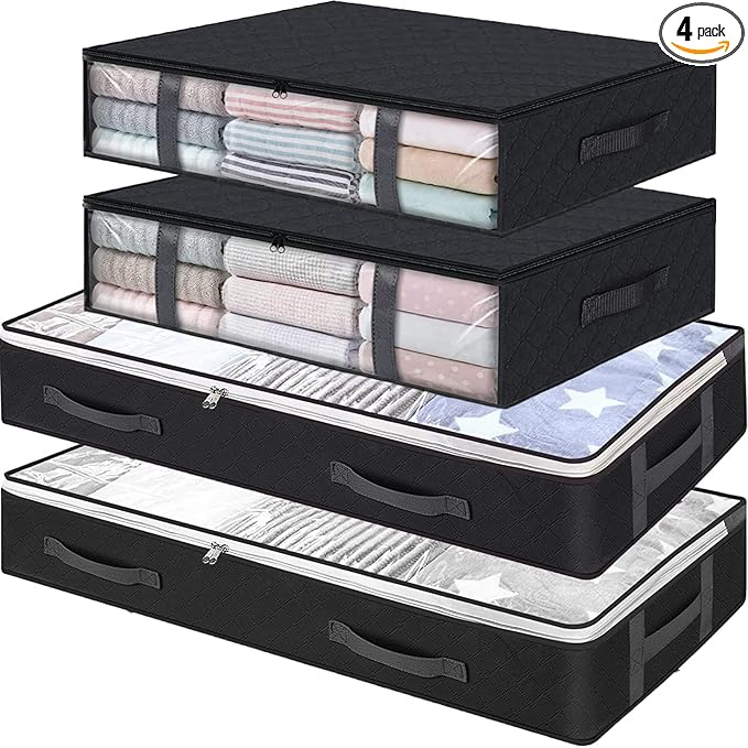 Under Bed Storage Containers, 4-Pack Large Underbed Storage Bags Organizer, Thick Fabric Storage Bins with Clear Window and Handles for Blanket, Comforter, Bedding, Clothes, Black
