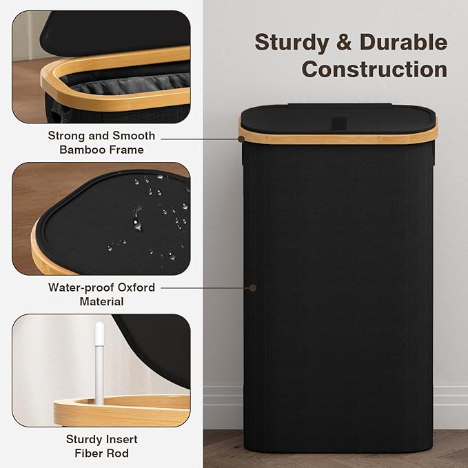 75L Slim Laundry Hamper with Lid, Dirty Clothes Hampers for Laundry, Collapsible Laundry Baskets for Small Spaces, Bedroom, Bathroom, Laundry Room, Black