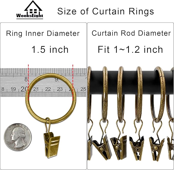 WeeksEight 40 Pack Bronze Curtain Rings with Clips, Curtain Hooks Hangers Clip Rings for Hanging Drapes Bows Hat, Drapery Rings 1.5 in I D, Fits up to 1.2 in Diameter Curtain Rod.