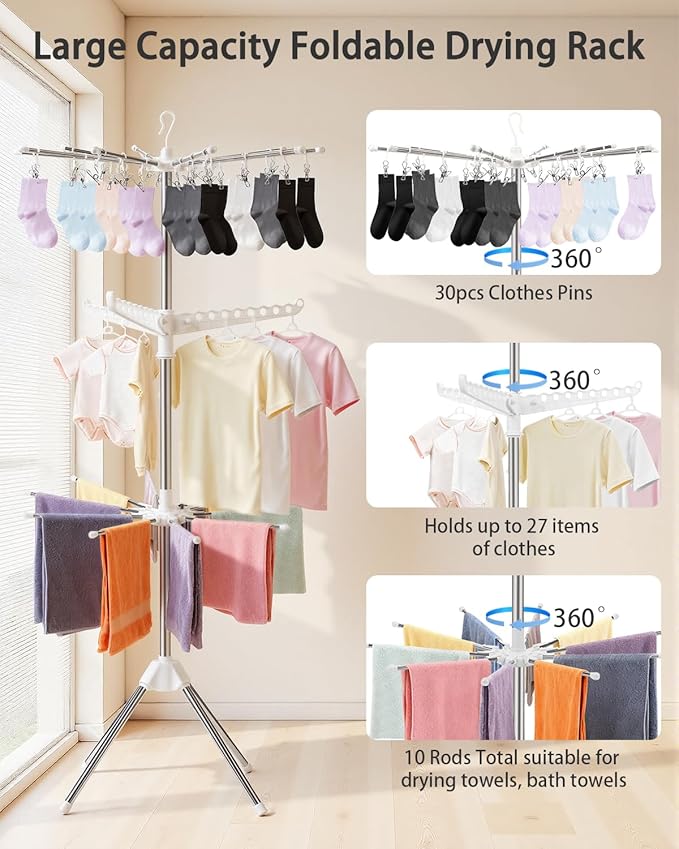 Foldable Clothes Drying Rack - 3 Tier Laundry Drying Rack, Portable Clothing rack with Rotating Clothes Rail with 30 Clips,10 towel sticks and 3 Rotatable Arms, Suitable for Flats and Small Rooms
