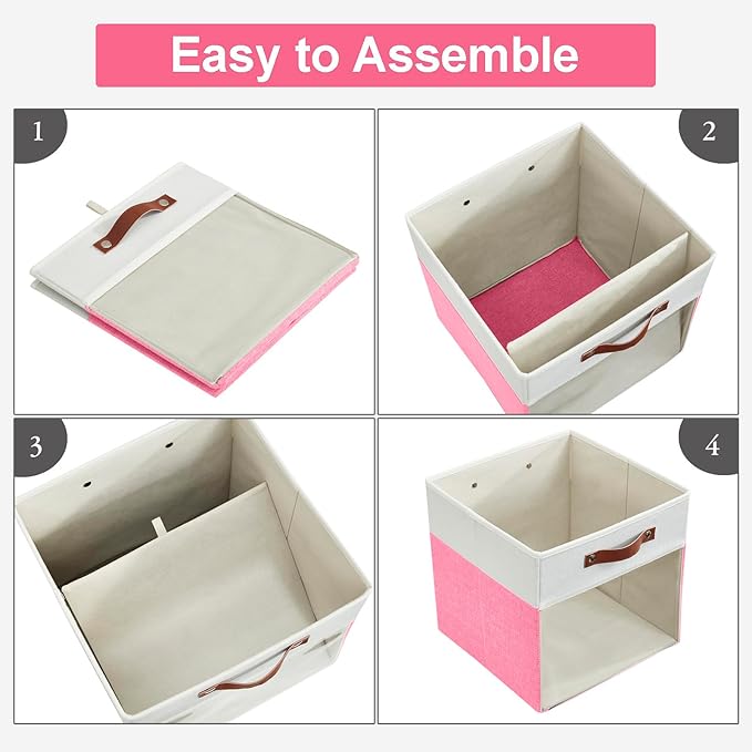 Storage Cubes, 4 Pack Linen Foldable Storage Bins (13 x 13 inch) with Clear Window and Handles, Fabric Organizer for Shelf Closet, Clothes, Books - (Pink and White)