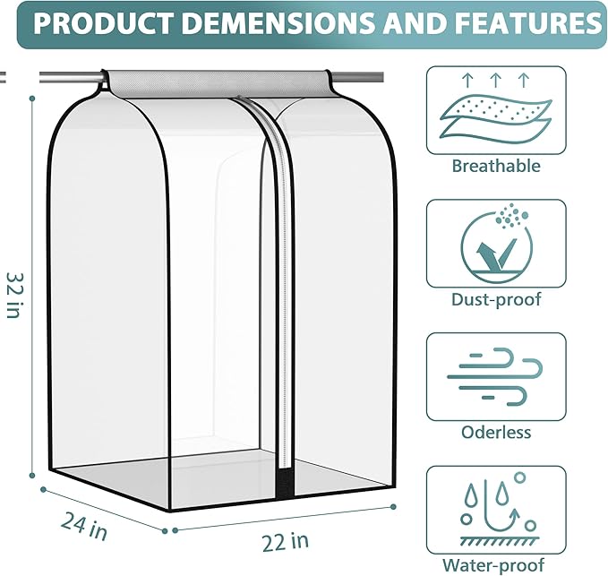 22” Gusseted Garment Bags for Hanging Clothes, All Clear Clothes Cover for Closet Storage, Wardrobe Coat Protector for Suit, Shirt Dress, Bottom Enclosed, 2 Pack, 40” Long