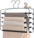 SINDAX Pants Hangers Space Saving - 2Pack, 5 Layers Space Saving Hangers, Sturdy Stainless Steel Pant Rack with Anti-Slip Swing Arm, Closet Organizers and Storage for Trousers Jeans