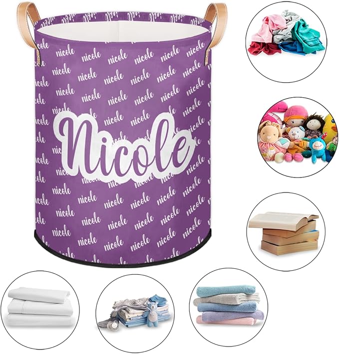 Custom Name Laundry-Hamper, Personalized Purple Kids-Clothes-Hamper Foldable with Name, Customized Storage Basket with Handles Waterproof Gift for Boys Girls Baby Women