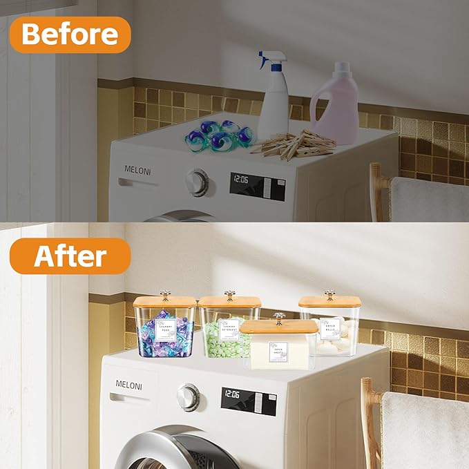 4 Pack Laundry Room Organization Storage Containers Acrylic Jars and Dryer Sheet Container with Lids and Labels for Laundry Detergent Laundry Pods Containers Dry Sheet Organizing