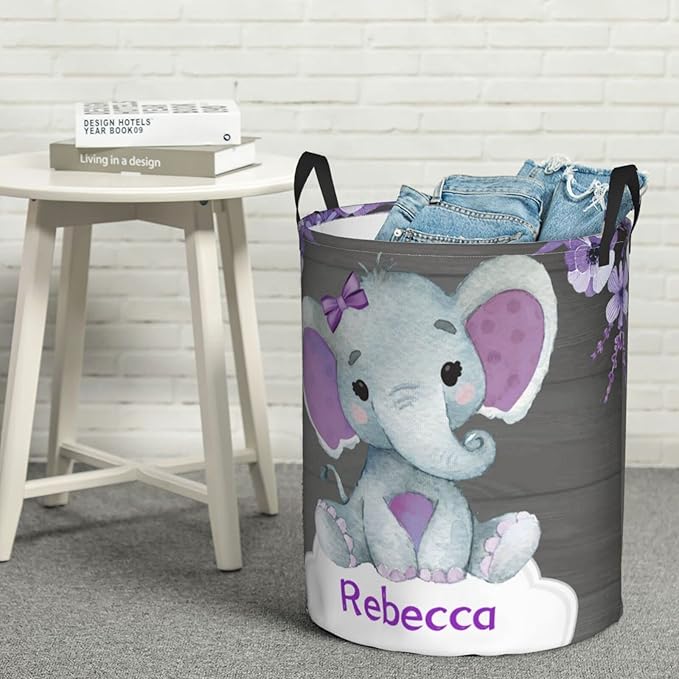 Purple Elephant Flower Customized Laundry Basket Clothes Hamper with Name Collapsible Waterproof Large Capacity Organizer Storage for Living Room.