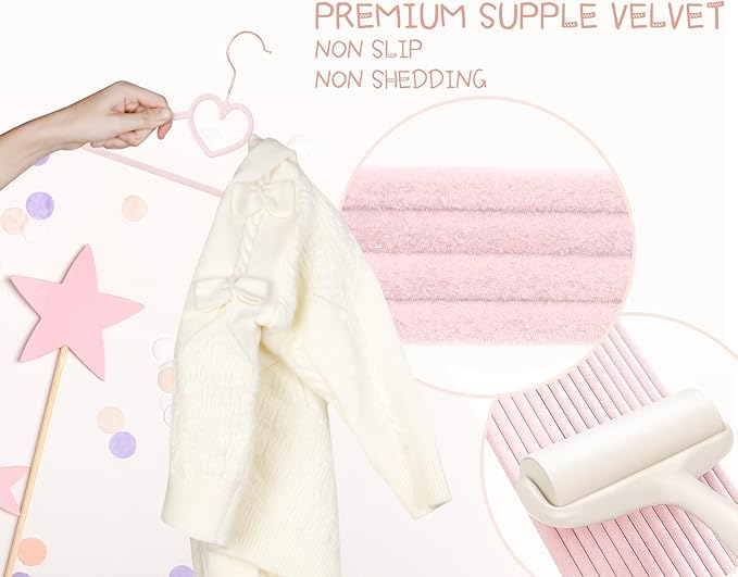 OneDream Pink Velvet Baby Hangers - 30 Pack 11inch Heart Toddler Hangers with 10pcs Clips, Non-Slip Strong and Durable Baby Clothes Hangers Without Slipping, Ultra Slim and Stackable Space Saving