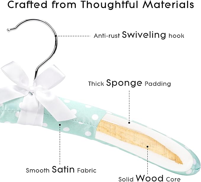 Women's Satin Padded Hangers – 15" Foam-Filled Wooden Clothes Hangers with No Shoulder Bumps, Bow Accent, for Sweaters, Blouses, Dresses – 5 Pack (Green Polka Dot)