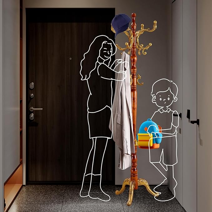 Coat Racks FreeStanding with 14 Hooks, Natural Wood Coat Rack with Solid Round Base, Adjustable Height Coat Racks, Easy Assembly for Hallway, Bedroom and Office (Begonia color-Tray)