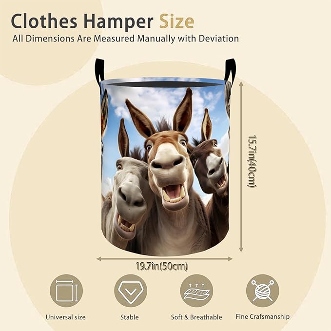 Funny Donkey Laundry Basket Hamper for Boys Girls Kids Adults, Foldable Waterproof Oxford Clothes Storage Bin, Farm Animal Organizer for Bedroom Bathroom Room Decor 19.7"x15.8"